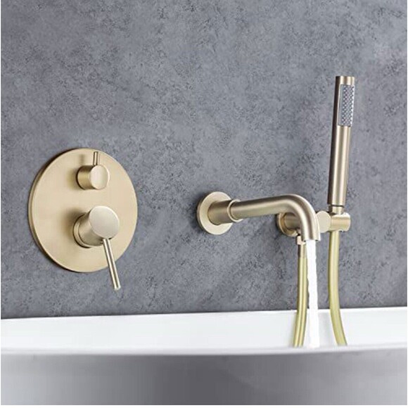 Wall-Mounted Bathtub Faucet Handheld Shower High Flow 360 Swivel Brushed Gold - Picture 3 of 4
